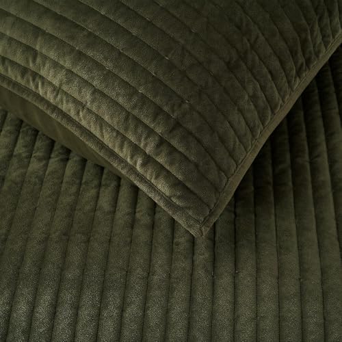 Wonderful - Velvet Quilt Set King Size Olive Green, Soft Cotton-Feel Plush Coverlet with Shams, Premium Vertical Channel Stitched, Lightweight All-Season Bedspread