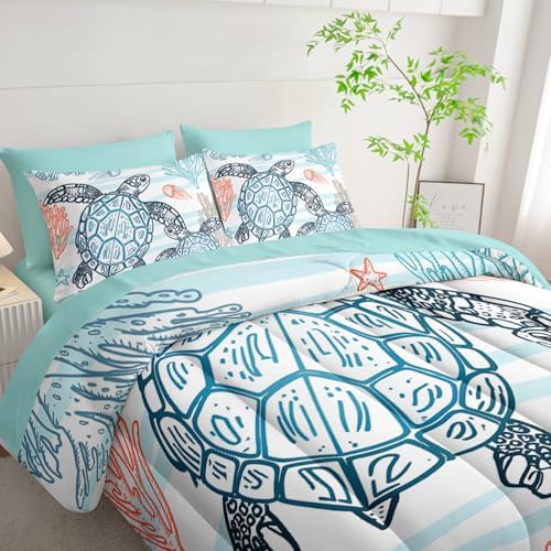 HOSIMA 7Pcs Sea Turtle Comforter Set King Size for Boys Coastal Bedding.