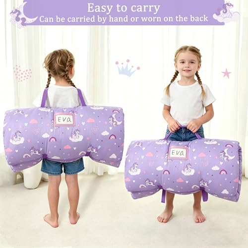Toddler Nap Mat for Preschool 50''x30'' Sleeping Mat with Removable Pillow and Minky Blanket for Kids Ages 3-7 Roll Up Soft Sleeping Bag for Boys Girls Kindergarten Daycare Sleepover