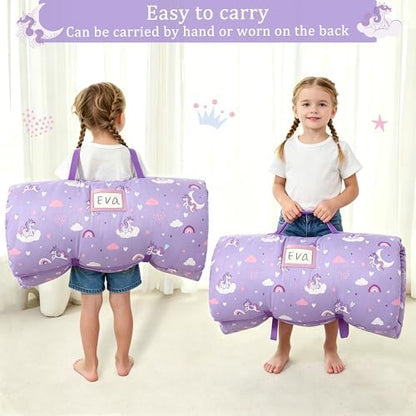 Toddler Nap Mat for Preschool 50''x30'' Sleeping Mat with Removable Pillow and Minky Blanket for Kids Ages 3-7 Roll Up Soft Sleeping Bag for Boys Girls Kindergarten Daycare Sleepover