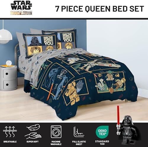 Jay Franco Kids Comforter Set Includes Sheets and Pillow Covers - Soft and Cozy Bed Set for Stylish Room Decor, Official Licensed Bedding, Blue - LEGO®, 7 Piece Queen
