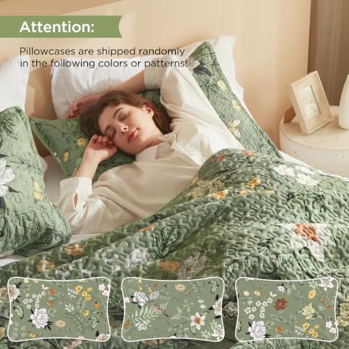 Litanika Floral Green Quilt California King - 3Pcs Botanical Birds Bed Set