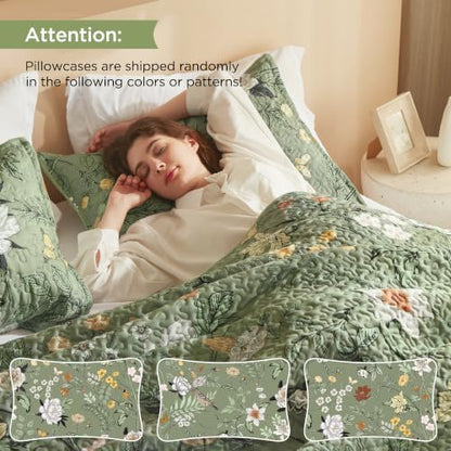 Litanika Floral Green Quilt King - 3Pcs Botanical Birds Bedding Set