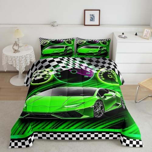 Feelyou Green Racing Car Bedding Set for Kids Boys Girls King Size Extreme Sports Comforter Set Teen Adult Ultra Soft Speed Sports Car Comforter Cool Car Duvet Quilt Bedroom Decor Race Car Quilt