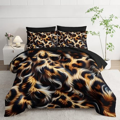 7 Piece Leopard/Cheetah Zebra Print Queen Size Comforter and Sheets Set，Leopard Print Bedding Set Queen，(1 Comforter, 1 Flat Sheet, 1 Fitted Sheet, 2 Pillowcase and 2 Pillow Sham)