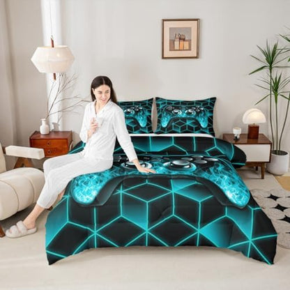 Erosebridal Teal Gaming Bedding Set Gamer Gifts,Neon Geometric Kids Comforter Sets Boys,3D Geometric Gaming Comforter Set Flame Game Consoles Gaming Decor for Boys Bedroom Decor