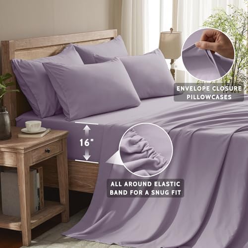 Queen Sheet Set - 6 Piece Sheets Queen Size Bed Set - Breathable & Cooling Hotel Luxury Bedding Set - Soft & Comfy Fully Elasticized 16" Deep Pocket Queen Sheets (Queen Lavender)