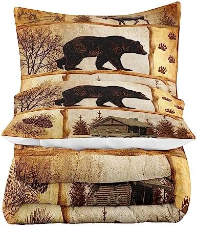 LUVIVIHOME 3PCS Rustic Cabin Comforter Set Full Size, Moose Bear Bedding Brown Quilt, Deer Woodland Forest Animal Wildlife Hunting Hunter Lodge Country Rustic Farmhouse Bedroom Decor, 2 Pillow Shams