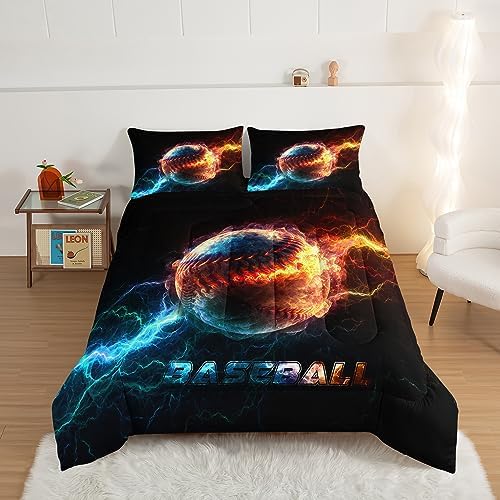 HOSIMA Baseball Comforter for Boys Girls Teens,Flame Lightning Full Size Bed in a Bag Sports Themed Bedroom Decor,Dorm Room Essentials for College Students Boys Soft Microfiber Black Comforter.