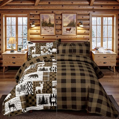 3 Piece Cabin King Size Quilt Sets Farmhouse Rustic Reversible Microfiber Soft Lightweight Bedspread Comforter with 2 Shams Patchwork Country Lodge Bedding Quilts Set for All Season, 106''x96'', Brown