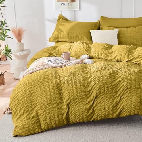 HYMOKEGE Mustard Yellow Queen Comforter Set Seersucker 7 Pieces, All Season Luxury Bed in a Bag Queen for Bedroom, Bedding Set with Comforter, Sheets, Pillowcases & Shams