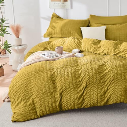 HYMOKEGE Mustard Yellow Queen Comforter Set Seersucker 7 Pieces, All Season Luxury Bed in a Bag Queen for Bedroom, Bedding Set with Comforter, Sheets, Pillowcases & Shams