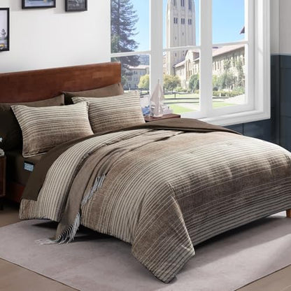 Queen Size Comforter Set Striped Chocolate Brown 7 Pieces Bed in a Bag