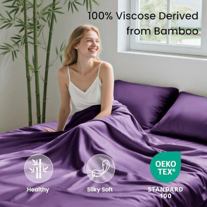 Love's cabin 3 Piece Twin XL Sheet Set, 100% Rayon Derived from Bamboo, Cooling & Breathable, Soft Silky Deep Pocket up to 16", Hotel Luxury Bedding for Hot Sleepers, Purple