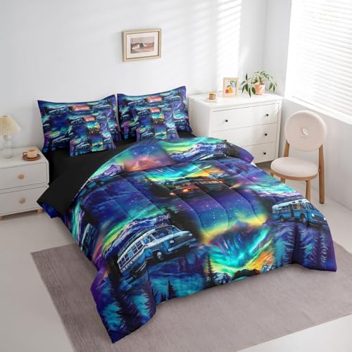 Erosebridal 7Pc RV Camping Full Bedding Set for Camper Decor,Aurora Rustic Mountain Comforter Set with Sheets for Kids Adults,Travel Trailer Bunk Quilt Bed Set with Fitted+Flat Sheet,Pillowcases