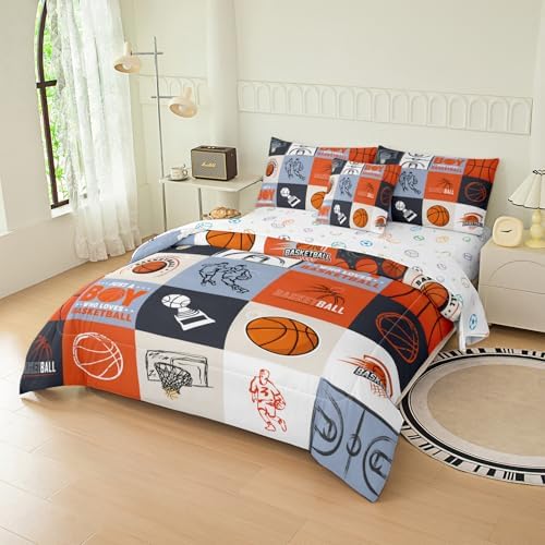 6pcs Basketball Comforter Set for Boys, Queen Size Bedding Sets for Teen,Kids Comforter Set with 1 Quilt+1 Flat Sheet+1 Fitted Sheet+2 Pillowcases+1 Cushion Cover(Basketball-E Queen)
