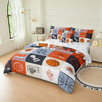 6pcs Basketball Comforter Set for Boys, Queen Size Bedding Sets for Teen,Kids Comforter Set with 1 Quilt+1 Flat Sheet+1 Fitted Sheet+2 Pillowcases+1 Cushion Cover(Basketball-E Queen)
