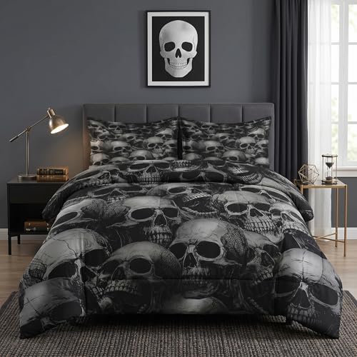 Pamnest Comforter Set Twin Size, Skull Skeleton Soft 2 Pcs Bedding for Kids and Adults, Spooky Horror Gothic Comforter Set with Pillowcase, for Bedroom Bed Decor