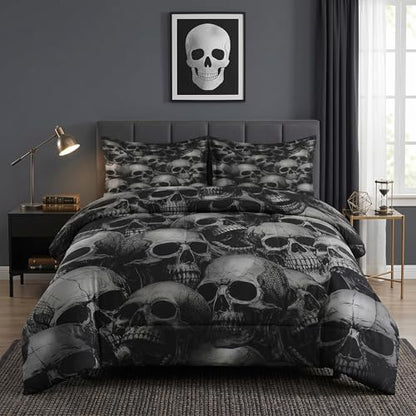Pamnest Comforter Set Full Size, Skull Skeleton Soft 3 Pcs Bedding for Kids and Adults, Spooky Horror Gothic Comforter Set with 2 Pillowcases, for Bedroom Bed Decor