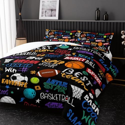 Nttopship Sports Ball Queen Comforter Set,Football Rugby Basketball Bedding Set for Kids Boys Girls Youth Ball Sports Themed Bedroom Decor Bedding Set 3 Pcs Bed in A Bag (1 Comforter, 2 Pillow Case)