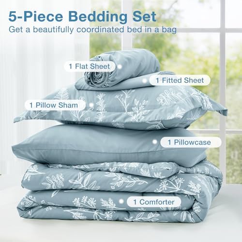 MUXHOMO Mineral Blue Twin Comforter Set, Elegant Floral Print Bed in a Bag 5 Pieces, Ultra Soft & Breathable Reversible Botanical Pattern Bedding Set with Comforter, Sheets, Pillowcase, and Sham