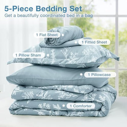 MUXHOMO Mineral Blue Twin Comforter Set, Elegant Floral Print Bed in a Bag 5 Pieces, Ultra Soft & Breathable Reversible Botanical Pattern Bedding Set with Comforter, Sheets, Pillowcase, and Sham