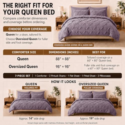 HIMEET Queen Comforter Set Dusty Purple - 7 Pieces Pintuck Bed in a Bag