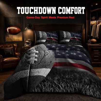 American Football Print Comforter Set Queen Size,American Flag Print Bedding Set Kids Young Man,3D Sports Game Comforter for Teen Child Room Decor,American Culture Quilted Duvet Set with 2 Pillowcase