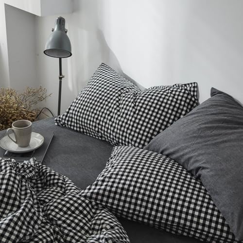 mixinni Black Gingham Comforter Set King, Plaid Comforter Set 3 Pieces 1 Black Grid Comfoter with 2 Pillow Cases for All Seasons, Soft Fluffy Modern Grid Pattern Printed Bedding-King Size
