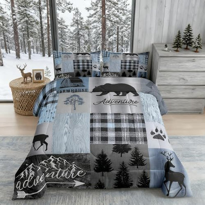 Rustic Patchwork Bedding Set,Blue Grey Checkered Plaid Comforter Set for Kids Teens Adult,Wild Animals Bear Elk Pine Trees Pattern Print Quilt Set Vintage Farmhouse Duvet Insert,Full Size