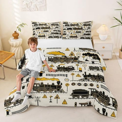 Erosebridal Cartoon Steam Train Kids Comforter Sets Funny Train Full Bedding Set for Boys Girls Retro Transport Vehicle Comforter Set Steampunk Railway Aesthetic Quilt Duvet 3 Pcs