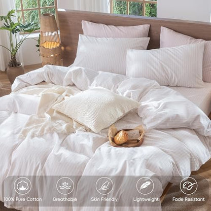 MooMee Striped Duvet Cover Set 100% Washed Cotton Linen Like King