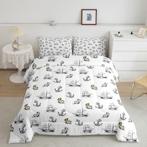 Castle Fairy Anchor Nautical Compass Comforter Set Twin Size Ships Sailboat Bedding Set 2pcs,Retro Sketch Style for Kids Boys Girls Room Decor,Ocean Adventure Piece All Season with 1 Pillowcase