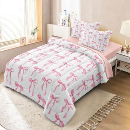 Pink Twin Comforter Set for Girls Princess Bow Knot Bed Set Girly Bedding Cute Ribbon Bow Decor for Teen Girls Room