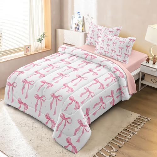 Pink Comforter Set for Girls Princess Bow Knot Bed Set Girly Bedding 5 Pieces Cute Ribbon Bow Decor for Teen Girls Room, Full Size