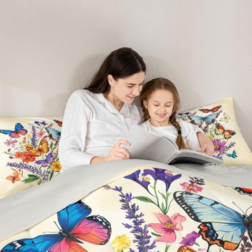 jejeloiu Butterfly Kids Comforter Set King Size Beautiful Butterfly Bedding Set Botanical Duvet Quilt for Kids Boys Girls Bedroom Flower Decor Microfiber Ultra Soft Breathable