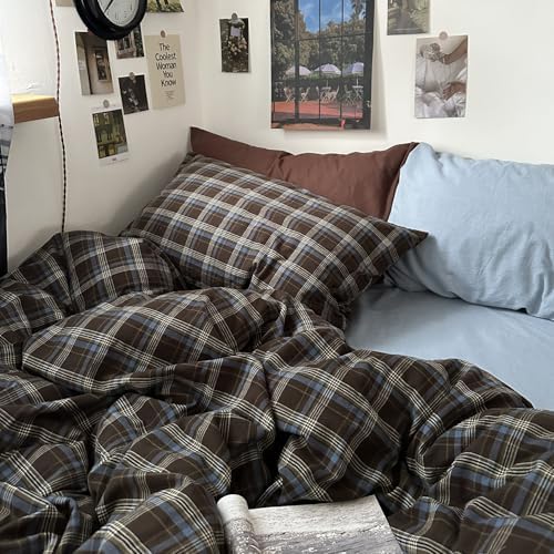 mixinni Vintage Buffalo Plaid Duvet Cover Set California King, 3 Piece Washed Cotton Bedding Set with Grid Pattern, Soft & Breathable Duvet Cover with Pillowcases for All Seasons,(Brown & Blue,Beige)