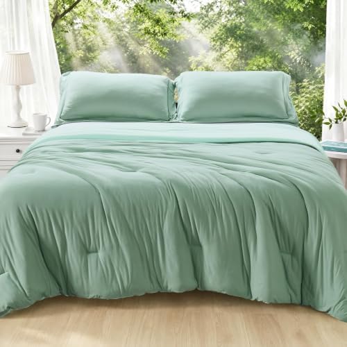 MUXHOMO Cooling Comforter Set Queen Size, Lightweight Summer Comforter for Hot Sleeper, Reversible Bedding with ICY Cooling Surface, Includes 1 Comforter (90"x90") and 2 Shams (20"x 26"), Sage Green