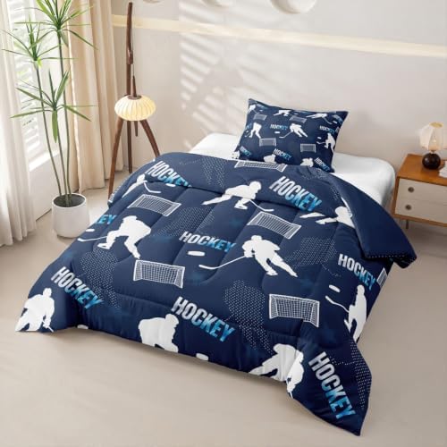 Castle Fairy Hockey Comforter Set Toddler Size,White Silhouette Goal Bedding Sets 2Pcs for Kids Girls Boys Room Decor,Navy Blue Quilted Duvet Sports Theme Down Comforter,1 Pillowcase