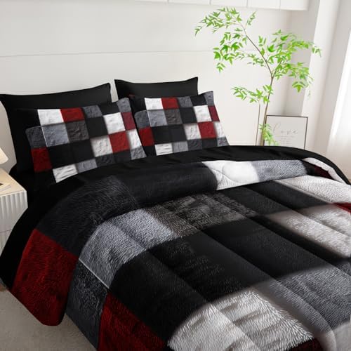 7 Piece Black White Red Checkered King Size Comforter Set with Sheets，King Size Quilt Bedding Set Checkered，(1 Comforter, 1 Flat Sheet, 1 Fitted Sheet, 2 Pillowcase and 2 Pillow Sham)