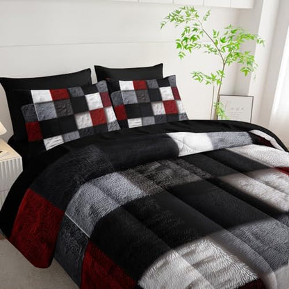 7 Piece Black White Red Checkered King Size Comforter Set with Sheets，King Size Quilt Bedding Set Checkered，(1 Comforter, 1 Flat Sheet, 1 Fitted Sheet, 2 Pillowcase and 2 Pillow Sham)