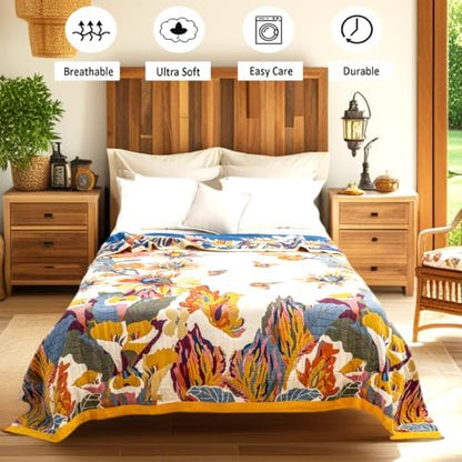 VANJOROY Boho Large Throw Blanket for Bed Couch, 100% Organic Cotton Soft Queen Throw-Floral Butterfly Decor Fall Blanket for Sofa Quilt and Gift, 80" x 90"-Beige