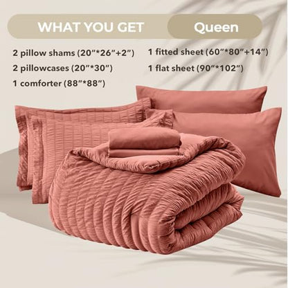 HYMOKEGE Coral Queen Comforter Set Seersucker 7 Pieces, All Season Luxury Bed in a Bag Queen for Bedroom, Bedding Set with Comforter, Sheets, Pillowcases & Shams