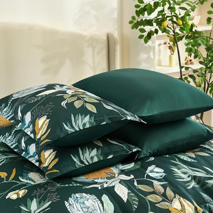 Luxudecor King Comforter Set 7 Pieces Bedding Sets, Dark Green Floral Comforter and Sheet Set, Soft Microfiber Bed in a Bag for All Seasons (Dark Green,104"x90")