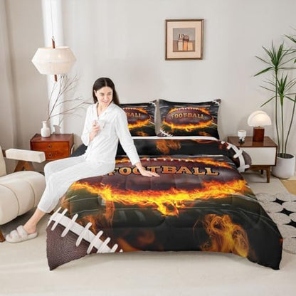 Castle Fairy Football Comforter Set Toddler Size American Rugby Sports Bedding Set Kids Boys Teens Ball Gaming Theme All Season Quilt Set 3D Burning Flame Bedding Comforter Sets with 1 Pillowcase