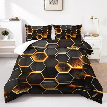 Nttopship Honeycomb Comforter Set Queen Size,100% Soft Ultra-fine Fiber Four Season Geometric Hexagon Golden Comforter Set with 1 Comforter and 2 Pillow Case