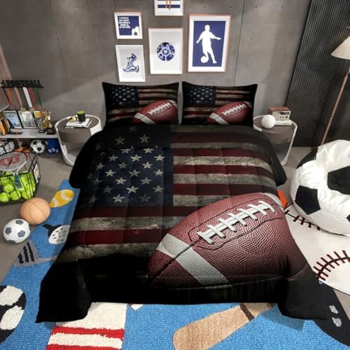 Erosebridal American Flag Bedding Set, Boys Football Comforter Set Full Soccer Sports Games Down Comforter United States Federations Stars Stripes Duvet Sets for Kids Teens Adult Bedroom Decor