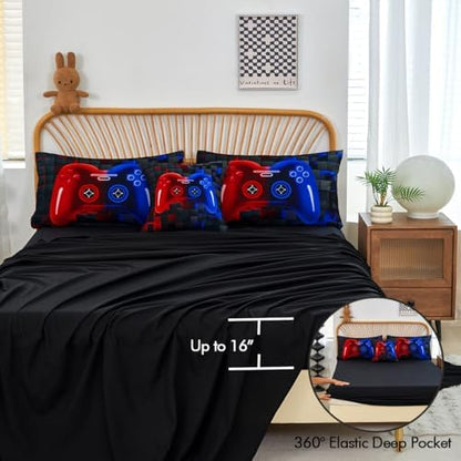 PERFEMET 6-Piece Boys Bedding Set Queen Size Red and Blue Game Console Kids Bed in A Bag Soft Lightweight 3D Cool Video Gamer Comforter Set with Sheets(Red Blue, Queen)