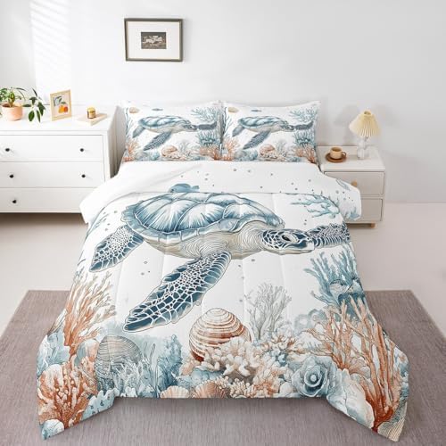 Homewish Sea Turtle Bedding Set King Size,Ocean Coral Shells Comforter Set 3Pcs for Kids Girls Boys Adult Room Decor,Underwater World Quilt Set Wild Animals Duvet Insert,2 Pillowcases