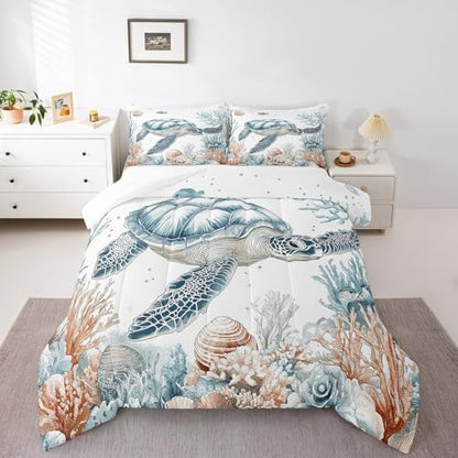 Homewish Sea Turtle Bedding Set King Size,Ocean Coral Shells Comforter Set 3Pcs for Kids Girls Boys Adult Room Decor,Underwater World Quilt Set Wild Animals Duvet Insert,2 Pillowcases